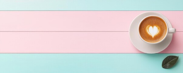 Obraz premium Pastel coffee idea. A cozy latte with heart art on a pastel background, perfect for coffee lovers.