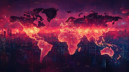 Fototapeta premium A glowing world map showcasing data density with thermal gradients, intense red hotspots transitioning to cooler blues, sharp holographic gridlines overlaying continents,