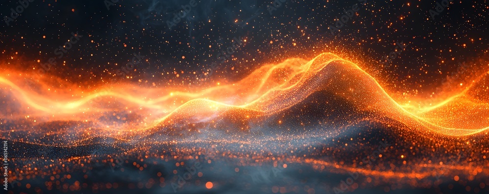Poster glowing abstract graph on dark digital background with bright flowing lines concept of data tracking