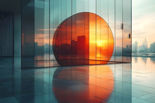 Transparent Pie Chart Projected on Glass with Futuristic Tech Skyline Backdrop
