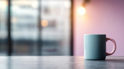 Fototapeta premium Pastel coffee idea. A cozy pastel coffee mug on a table with a soft background and warm light.