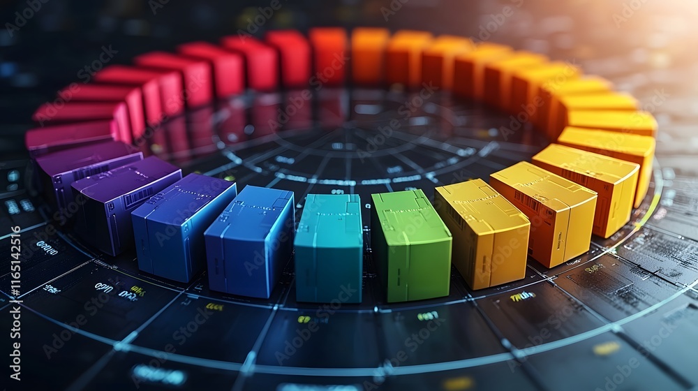 Poster colorful circular data visualization graph with shifting sections depicting real time updates and an