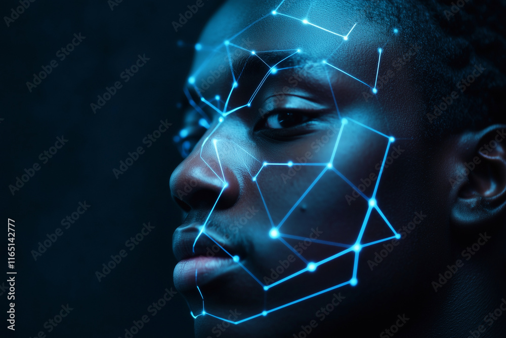 Poster man's face is shown in a blue light with a pattern of lines and dots. the image conveys a futuristic