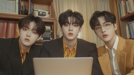 Three men in suits and glasses are sitting in front of a laptop