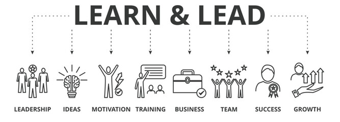 Learn and lead banner vector illustration concept with icon of leadership, ideas, motivation, training, business, team, success, and growth