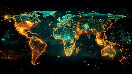 A high-tech global map with AI-driven data streams weaving through continents, glowing nodes and futuristic digital effects, surrounded by holographic analytics and sharp neon highlights,
