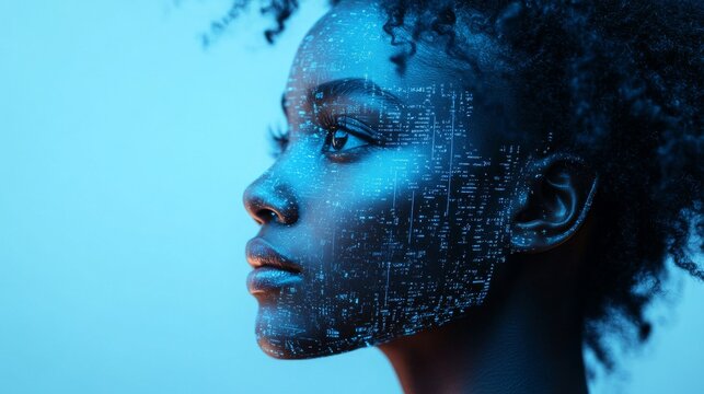 A woman with a blue face and a black hair - Powered by Adobe