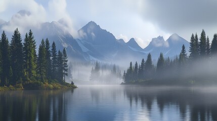 Serene Mountain Lake Misty Dawn Pine Trees 8k Nature Landscape