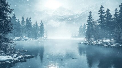 Fototapeta premium Serene Winter Lake Snowfall Mountains Pine Trees Calm Water Frozen Landscape Cold Peaceful Nature