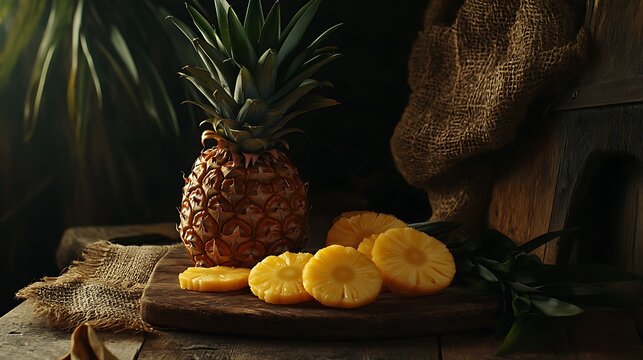 Slicing fresh pineapple rustic kitchen food photography warm lighting close-up tropical fruit delight