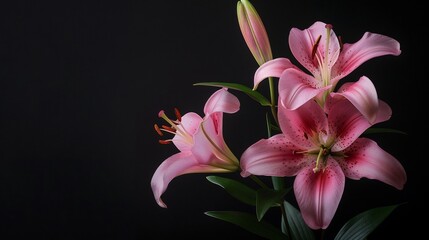 Fototapeta premium Pink Lilies Against Black Background: A Stunning Floral Still Life