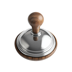 a wooden lid on a metal pan on a white background