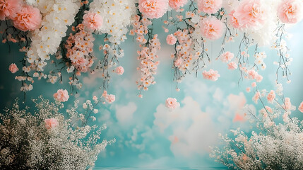 Maternity backdrop, wedding backdrop, photography background with delicate flowers and vintage wall.