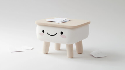 cute white 3d kawaii desk on white background