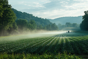 A tractor with a watering system waters a green field with agricultural crops on a summer morning. Field irrigation.