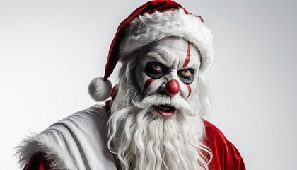 Scary Santa Claus portrait with a red festive hat and beard surrounded by holiday decorations in a wintery setting