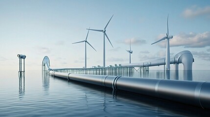 Fototapeta premium Hydrogen Pipeline and Wind Turbines in Calm Waterscape