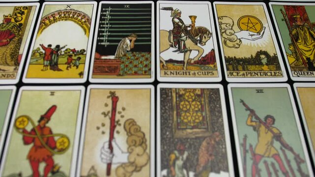 Tarot cards arranged in a grid display various Minor Arcana illustrations, including swords, wands, cups, and pentacles. Detailed artwork highlight traditional rider waite tarot symbolism