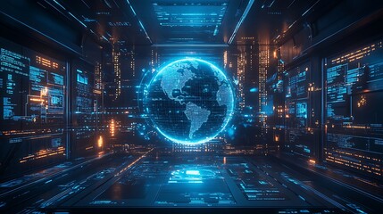 A holographic globe centered in a futuristic digital studio, with IoT data streams connecting glowing nodes across the map, real-time analytics and graphs layered in the background,