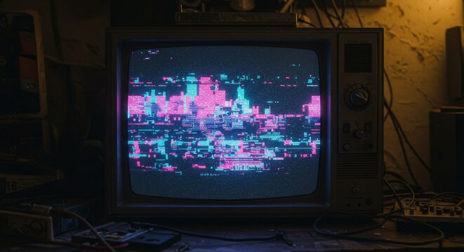 Retro television with glitchy neon cityscape in a dark room