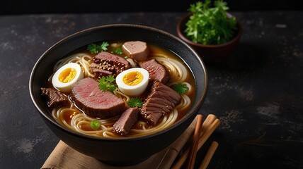 ramen noodle soup with chicken shiitake mushroms and egg in a bowl