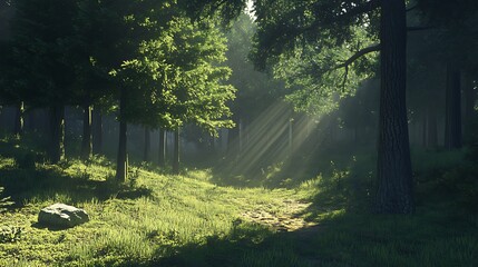 A woodland setting showcasing the interplay of sunlight and the shadow of a pine tree on the forest floor 