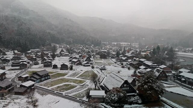A mesmerizing drone shot of Shirakawa-go village in Japan during winter, blanketed in fresh snow.
