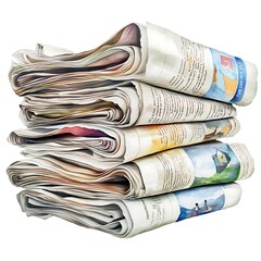 A Stack of Rolled-Up Newspapers in a Watercolor Style, Isolated on White.