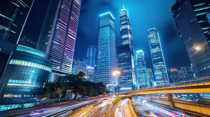 Fototapeta premium Urban Cityscape Shows Modern Architecture and Traffic Flow at Night with Bright Lights, Skyscrapers, and Roads