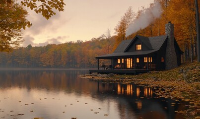 Fototapeta premium Cozy cabin by lake at sunset, autumn foliage.