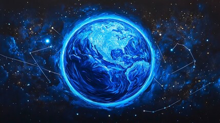 Naklejka premium Exploring earth in cosmic art a stunning visual journey of the blue planet space digital artwork night sky imagery
