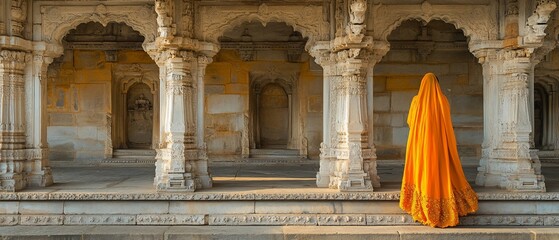 Woman in orange sari at ancient Indian architecture.
