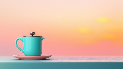 Pastel coffee idea. A vibrant teapot on a pastel surface, set against a soft sunset background.