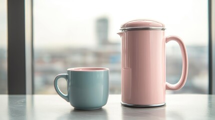 Obraz premium Pastel coffee idea. A stylish pink French press next to a blue coffee cup on a sleek table.