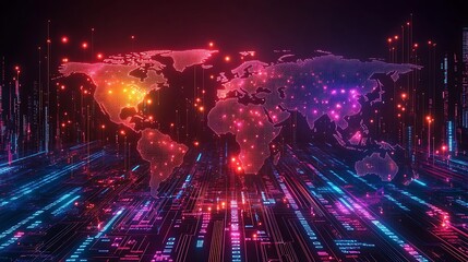 Fototapeta premium A stylized binary world map design with continents formed from cascading digits, glowing lines of data flow connecting regions, holographic details, and a dark futuristic background,