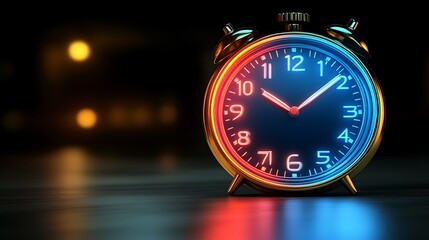 Neon Clock Glowing Brightly In The Dark