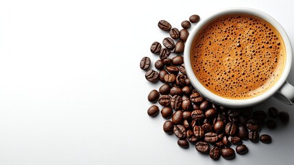 Obraz premium Aromatic espresso in white cup with coffee beans.