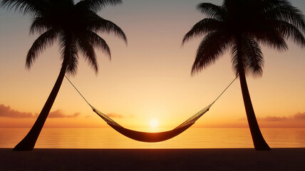 Relaxing hammock stretched between palm trees at a serene beach sunset, capturing the essence of tropical tranquility and escape