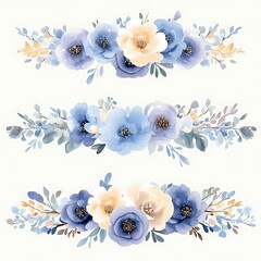 Three Watercolor Floral Arrangements in Soft Blue and Beige Hues, Perfect for Wedding Invitations or Decorative Designs.