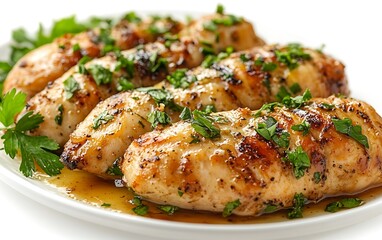 Grilled chicken breasts with parsley and lemon sauce on a white plate.