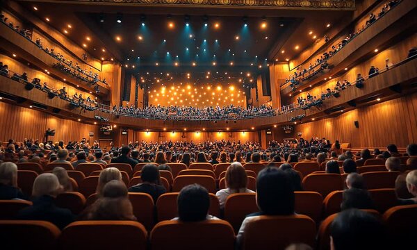 A crowded theater with warm lighting, showcasing an audience awaiting a performance.