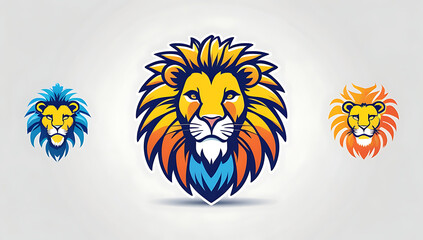 Obraz premium Three vector illustrations of a lion's face, each with a unique design and vibrant colors like orange, gold, and red, creating bold and striking contrasts. The lion faces are drawn in geometric, clean