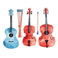 Naklejka premium Watercolor painting of a blue acoustic guitar, violin, cello, and bow isolated on white background.