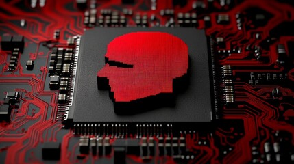 Red Brain Microchip:  A striking close-up of a microchip with a red human brain emblem, symbolizing artificial intelligence, neural networks, or the intersection of technology and human consciousness.