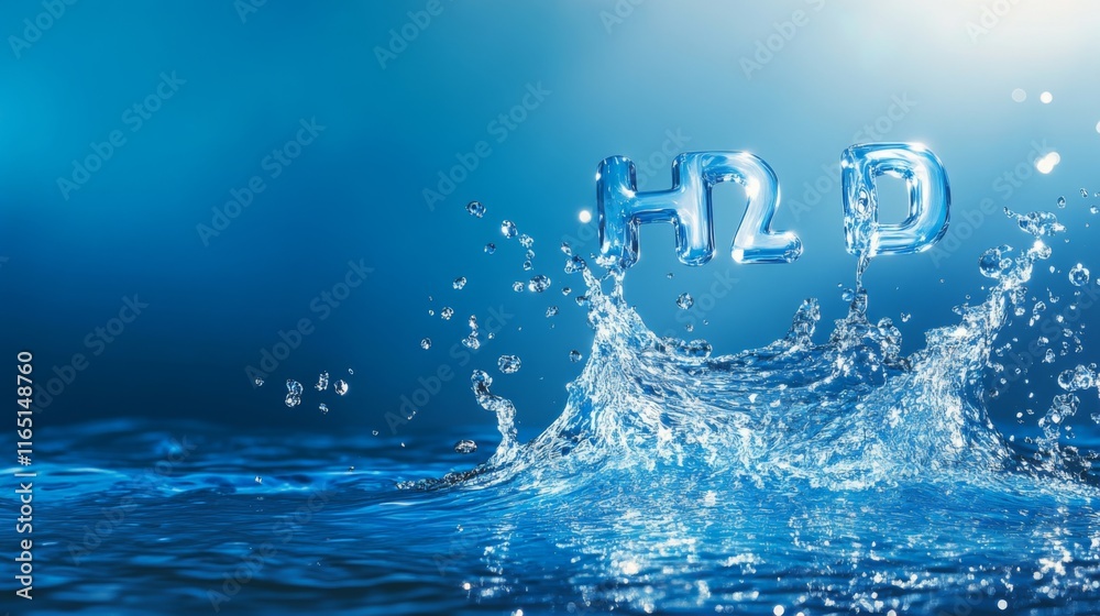 Poster abstract image of hydrogen h molecules floating in a splash of water on a blue background, symbolizi