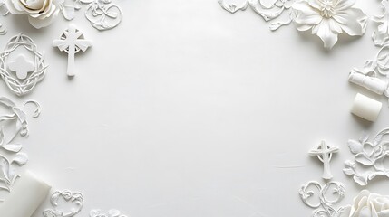 White Floral Crosses Candles and Wreaths Frame a Blank Space