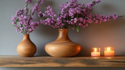 Elegant wooden vases with purple flowers and candlelight on rustic shelf
