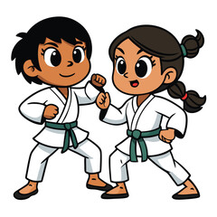 Two kids sparring in karate uniforms with action-packed movements isolated on white background