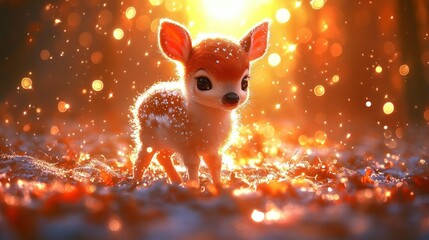 Naklejka premium A cute fawn in a glowing, magical forest setting.