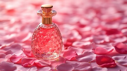 Elegant perfume bottle surrounded by pink rose petals for romantic fragrance concept